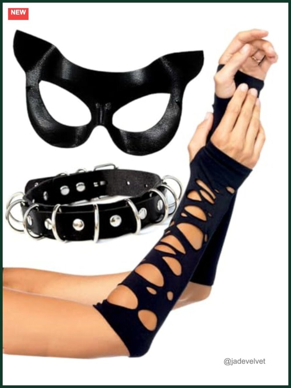 3pc Catwoman Costume Set Faux Leather Mask Choker & Arm Sleeves